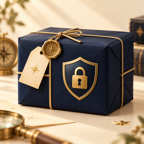 Navy parcel secured with a gold shield for SolveMas shipping protection
